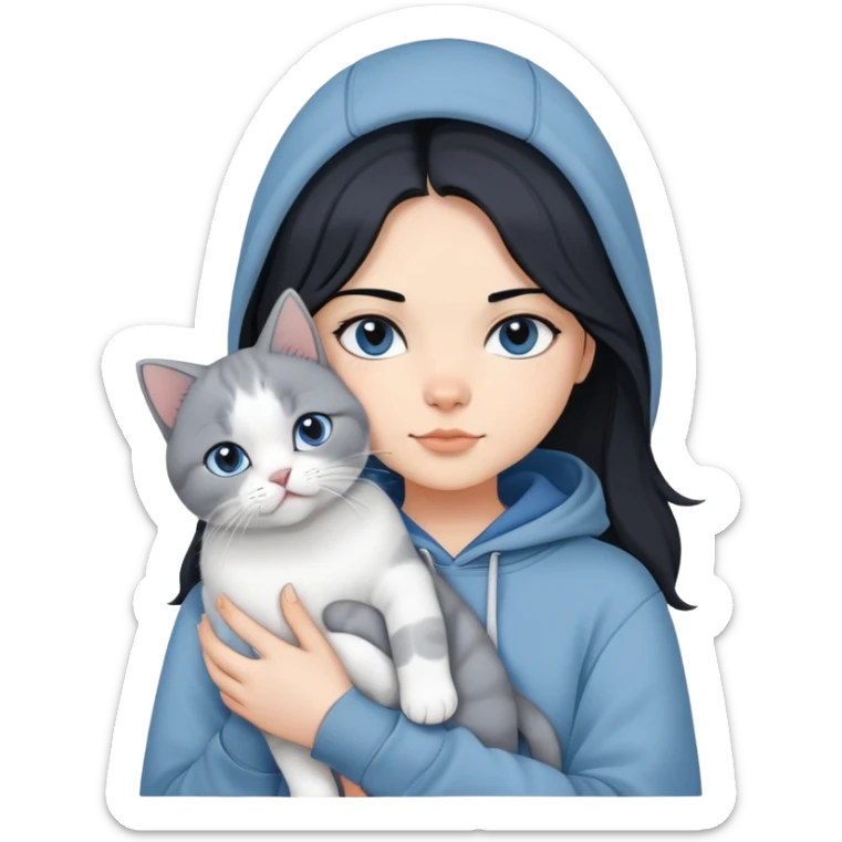 Girl with black hair wearing gray hoodie with a British shorthair blue and white cat and a long-haired blue and white cat sticker