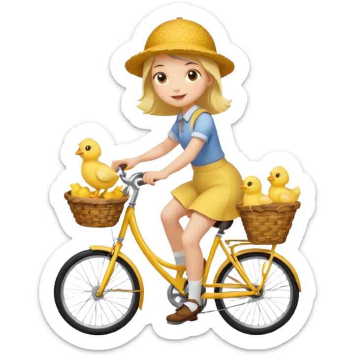 A cartoon girl riding a bicycle with a basket full of baby chicks, 1:1 square ratio. sticker