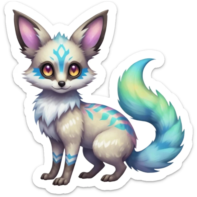 Rare iridescent white exotic epic aesthetic colorful Trico-Genet-Eevee-Genet-species-Fakemon-hybrid-creature, with intricate tattoo markings, full body sticker