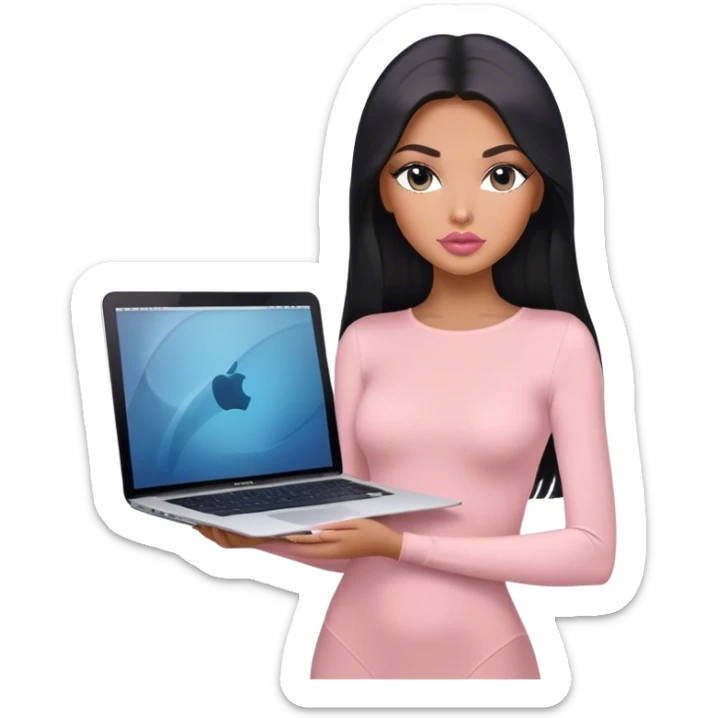 Glamours, tanned, very beautiful girl, with big pump peach-beige-rose lips, long lashes, black straight smooth silky long hair, straight parting hair, blue-grey eyes, in light-pink bodysuit holding MacBook sticker