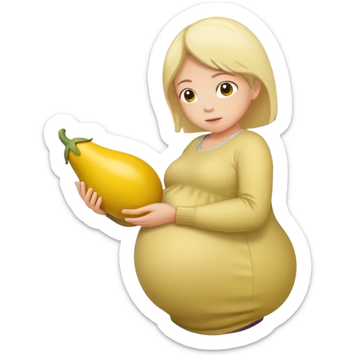 yellow eggplant placed on a pregnant person, bowing person turned to the side sticker