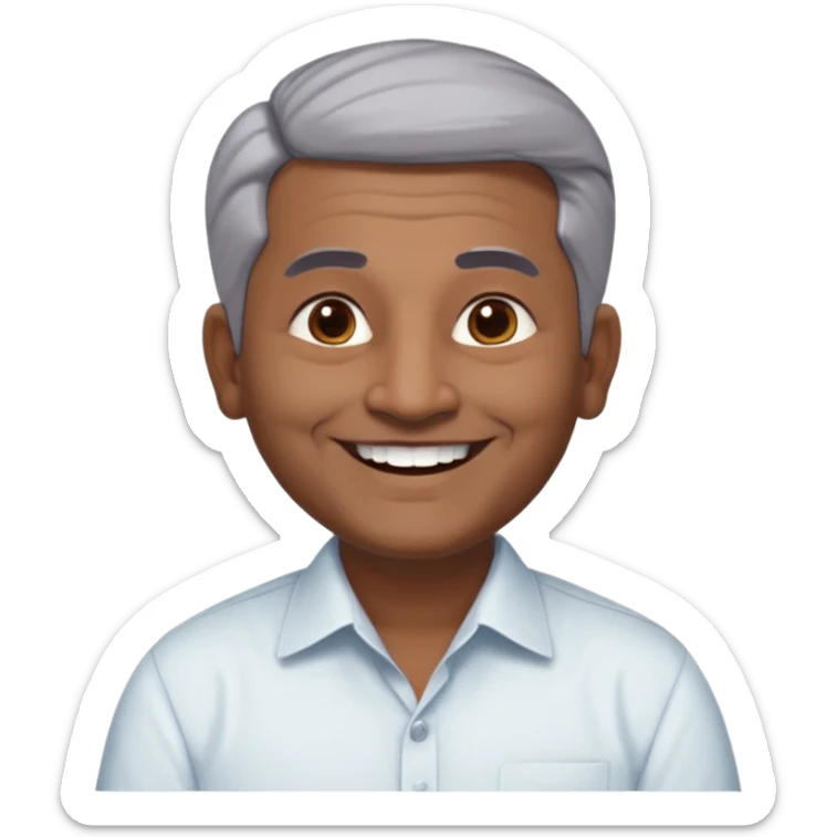 50 yr old indian man, dark skin, grey hair, big smile, white teeth, chubby, no moustache, clean shaven, young style hair, hair brushed back, 5 oclock shadow, bindy, dress shirt, forehead dot, chubby, religious sticker