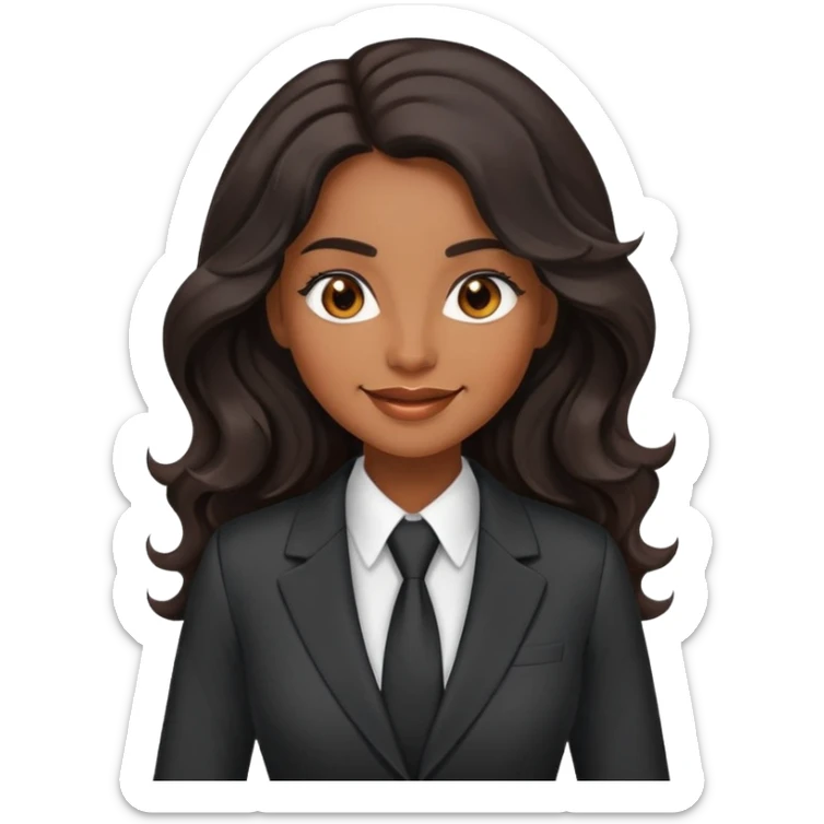 business woman with brown skin, brown eyes, long black wavy hair looking very happy, professional suit sticker