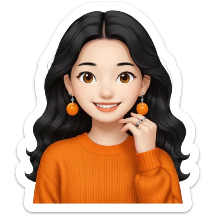 Korean 24-year-old female online shopping mall seller / Orange knit / White face / Earrings / Smiling expression / Long wavy hair / Influencer vibe / Fashionable / Black hair sticker