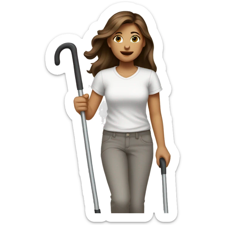 a girl in a white T-shirt and gray pants walks on crutches, she has brown hair and brown eyes sticker