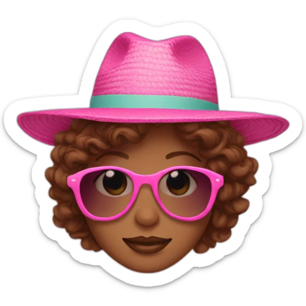 pink sunglasses on female head with wavy brown hair and a summer hat sticker
