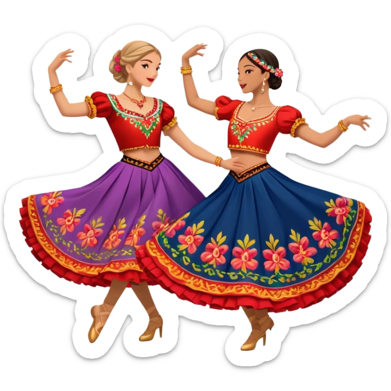 Cinematic Realistic scene of two dancers performing the Tarantella, dressed in vibrant, flowing traditional costumes with detailed embroidery and dynamic skirts, captured in festive motion with warm, lively lighting sticker