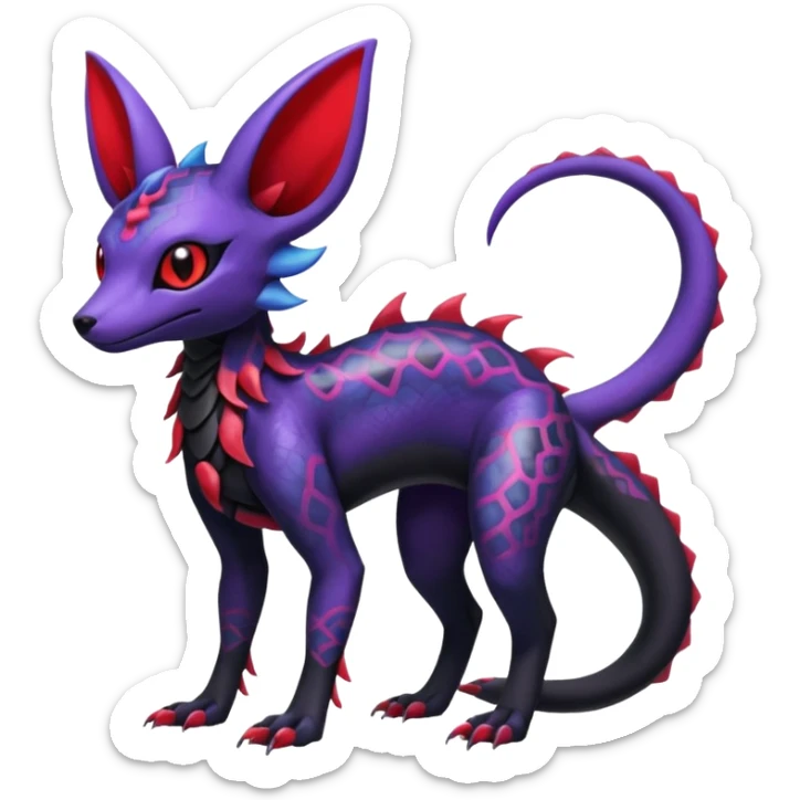 Gothic Black red purple Scaley Exotic Salandit-Umbreon-Suicune-Fakémon-hybrid-creature (full body), 4 legs sticker