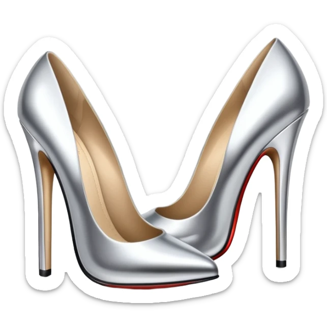 A pair of high heel shoes emoji made of polished silver chrome, elegant sharp silhouette, smooth metallic surface, glossy reflections, luxury sexy vibe, minimalistic iOS emoji style, centered, clean white background sticker