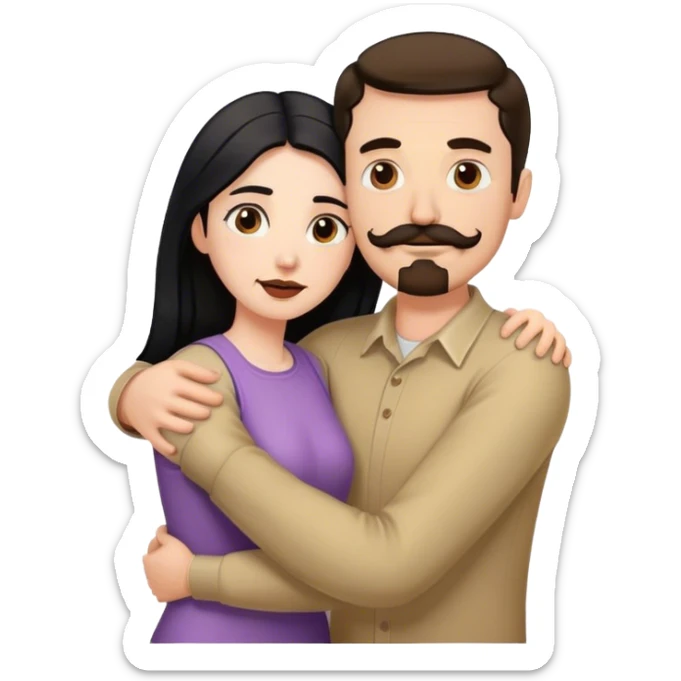 Tall white man with brown mustache goatee AND a short pale woman with long black hair, hugging sticker