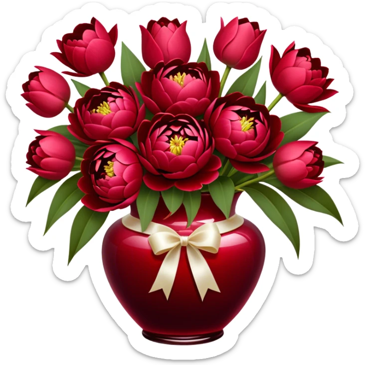 "An exquisite floral arrangement in a deep red glass vase, filled with velvety red peonies, classic roses, and striking tulips, accompanied by silky pearl-colored ribbons that drape gently over the surface." sticker