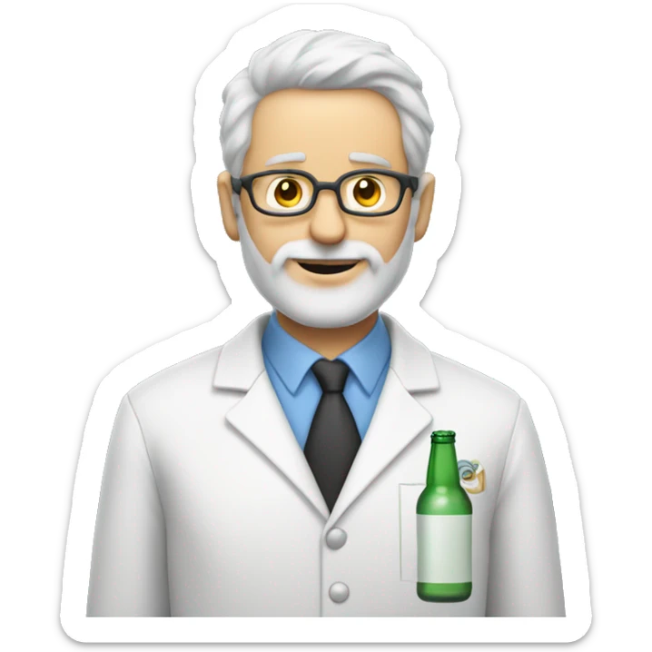 White man scientist with short facial hair and a beer sticker