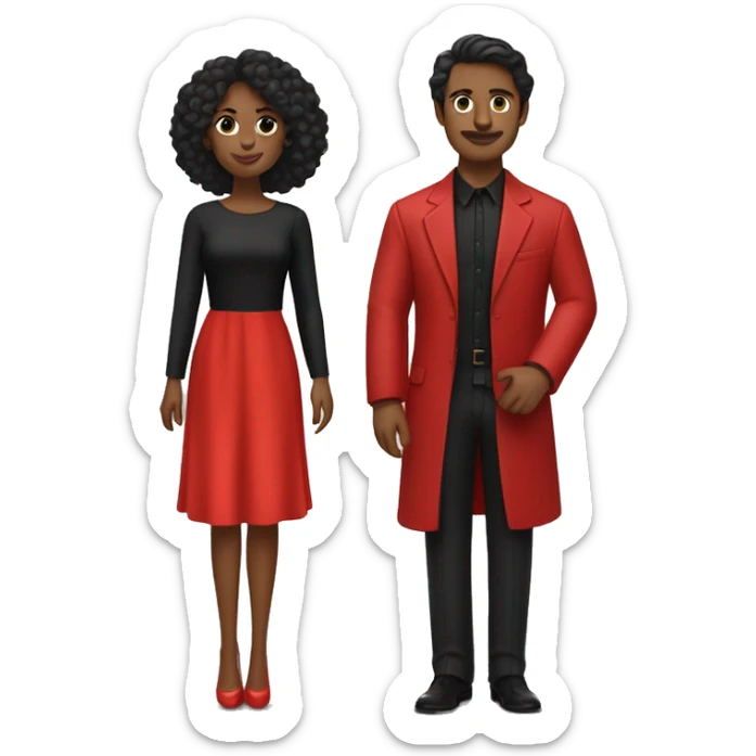 A couple
One figure has long, flowing dark hair, wearing a bright red dress with puffed sleeves, radiating elegance.
The other figure has short, wavy dark hair, dressed in a sleek black shirt, adding a classic, formal vibe.
 sticker