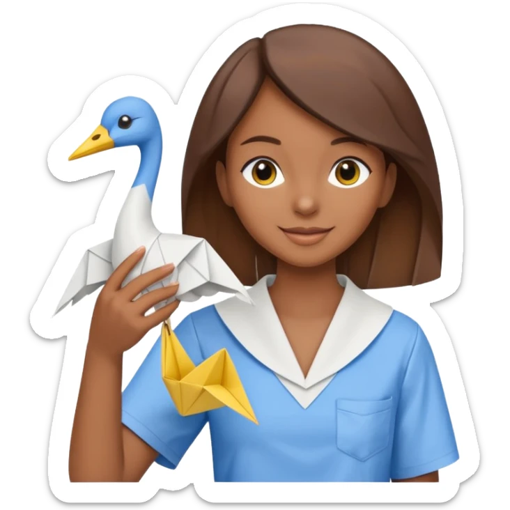 happy-african-young-girl-with-brown-hair-in-a-white-kanga-shirt-holds-an-origami-yellow-and-blue-crane sticker