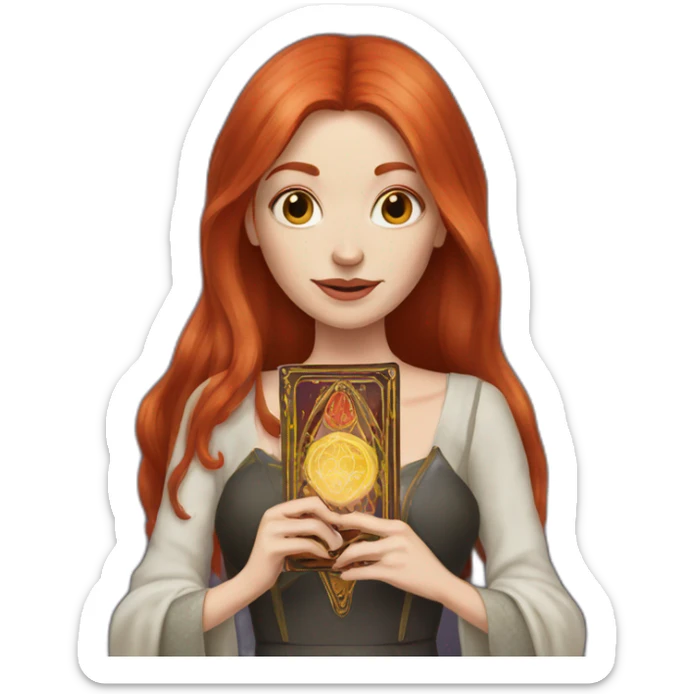 redhead white woman medium long straight hair, holding a tarot card in her hand sticker