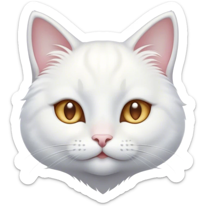 Cinematic Cute White Cat Portrait Emoji, Head tilted with a soft, gentle smile and sparkling eyes, featuring a silky, pristine white fur with subtle silver highlights, simplified yet irresistibly adorable, highly detailed, glowing with a warm, snowy glow, high shine, radiating affectionate charm and tender grace, styled with a light, playful outline, capturing the essence of a cute white cat that looks as if it could melt your heart with a single blink! sticker
