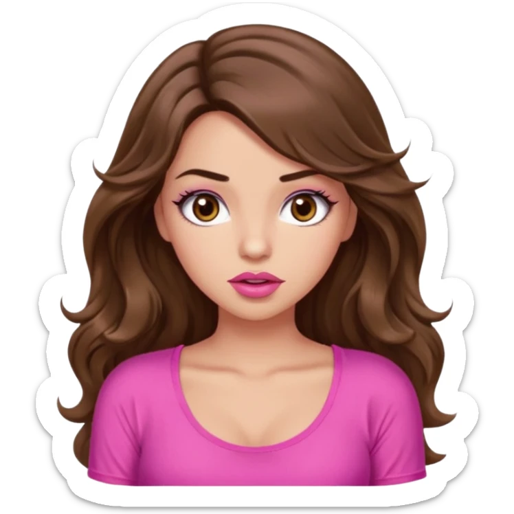 girl with long wavy brown hair, brown eyes, light to medium complexion, in a pink sexy top, pink puckered lips, long lashes, shrugging sticker