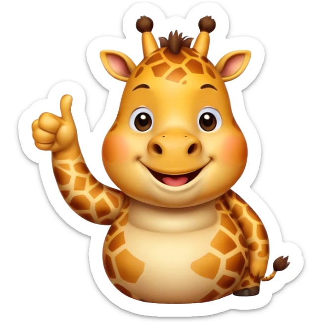 Cartoon short, fat dwarf cute giraffe with a big smile, giving a big thumbs-up sticker