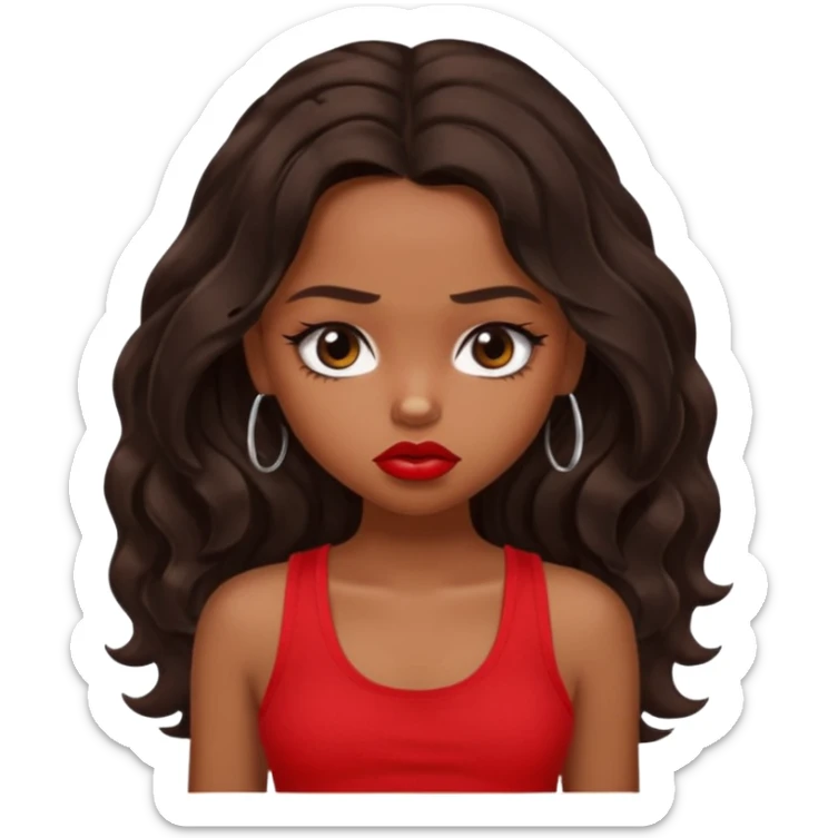 generate a pretty tan bratz girl with dark brown wavy hair long wearing a red tank top, red lipstick. Looking sad sticker