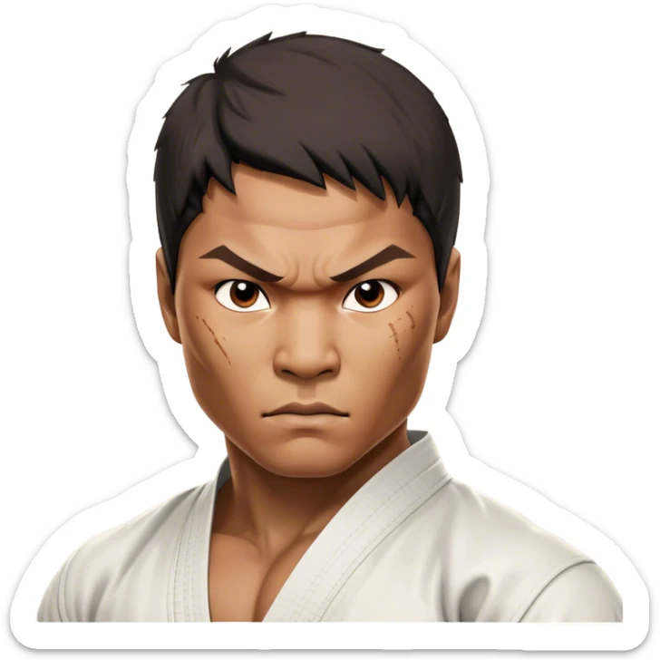 ​Cinematic Realistic Portrait of Tony Jaa, a close-up depiction capturing his intense, determined expression and finely detailed features, rendered with dramatic natural lighting that emphasizes his rugged athleticism and unmistakable martial arts presence, sticker