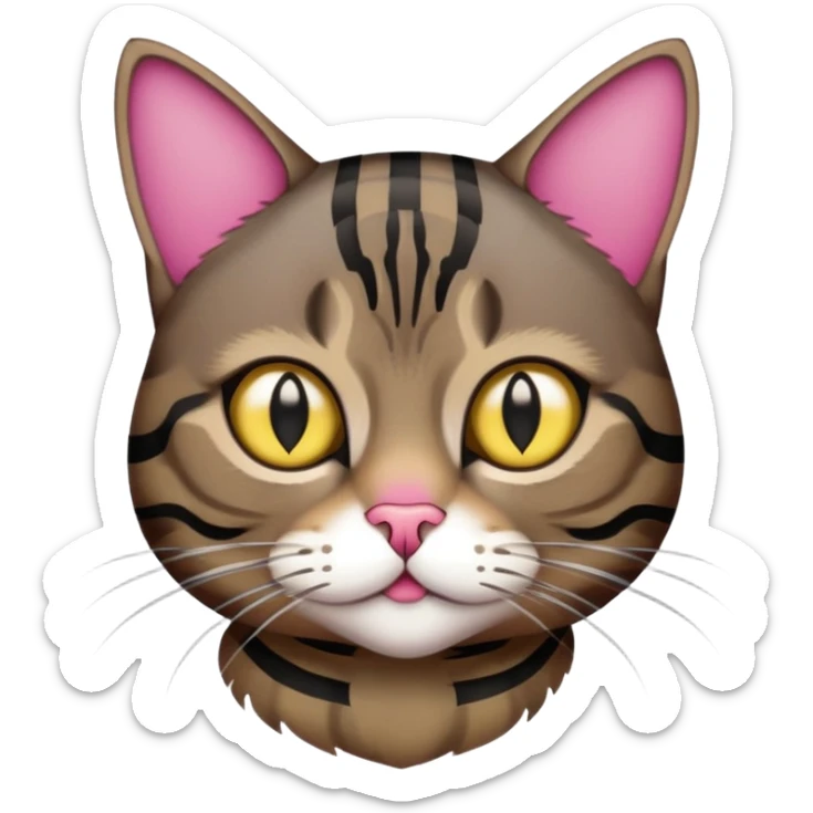 Dark brown tabby with gold eyes and black stripes with some dark pink on the nose sticker
