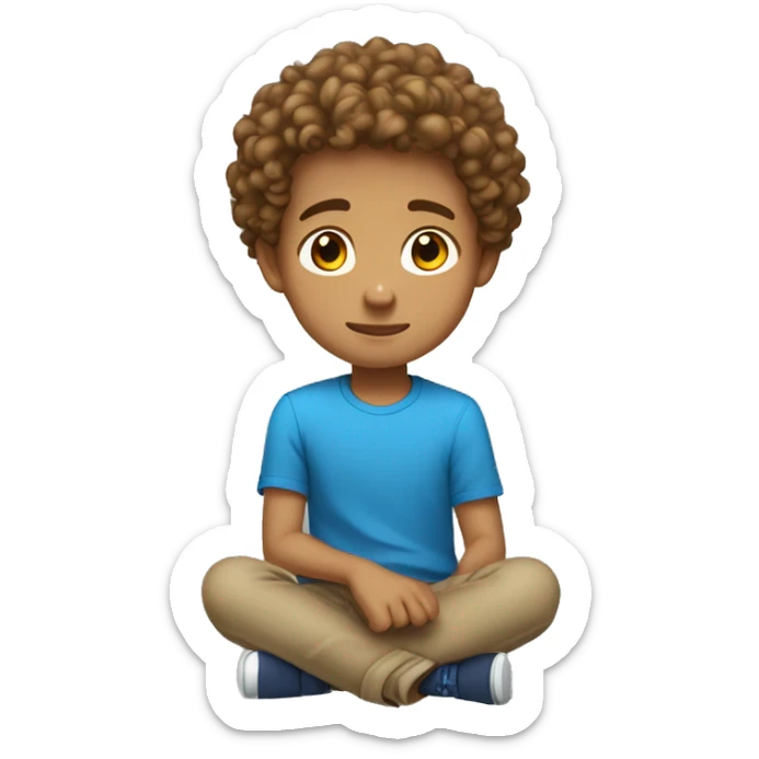 boy with blue shirt light skin and light brown curly hair sitting down facing to the right full body sticker