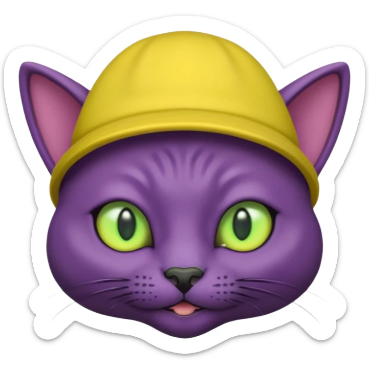 dark purple alien cat with no fur and yellow hat and green eyes sticker