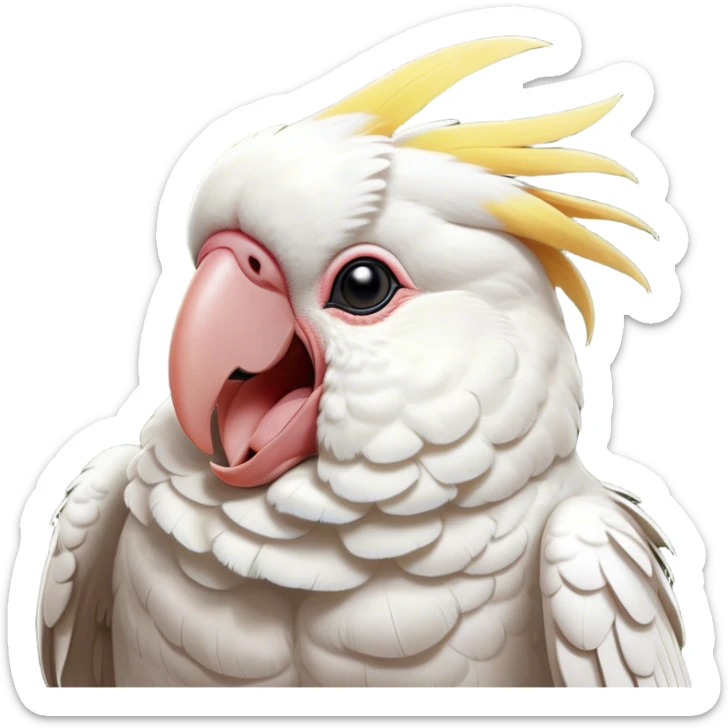 Cinematic Cute Yawning Cockatoo Portrait Emoji, Head tilted slightly with a dramatic, wide-open yawn, showcasing a plump, feathered body with a softly drooping crest and sleepy, half-closed eyes, Simplified yet irresistibly adorable features, highly detailed, glowing with a soft, cozy tropical glow, high shine, relaxed yet expressive, stylized with a dash of whimsical avian charm, soft glowing outline, capturing the essence of a drowsy yet affectionate cockatoo that appears ready to stretch out and yawn its way off the screen! sticker