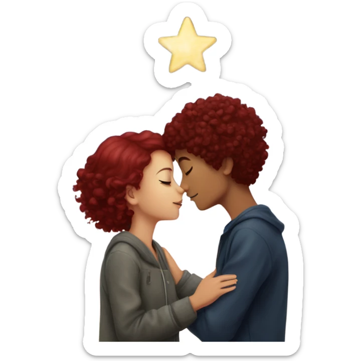 girl with burgundy hair kissing a boy with curly short hair under a sky of star sticker