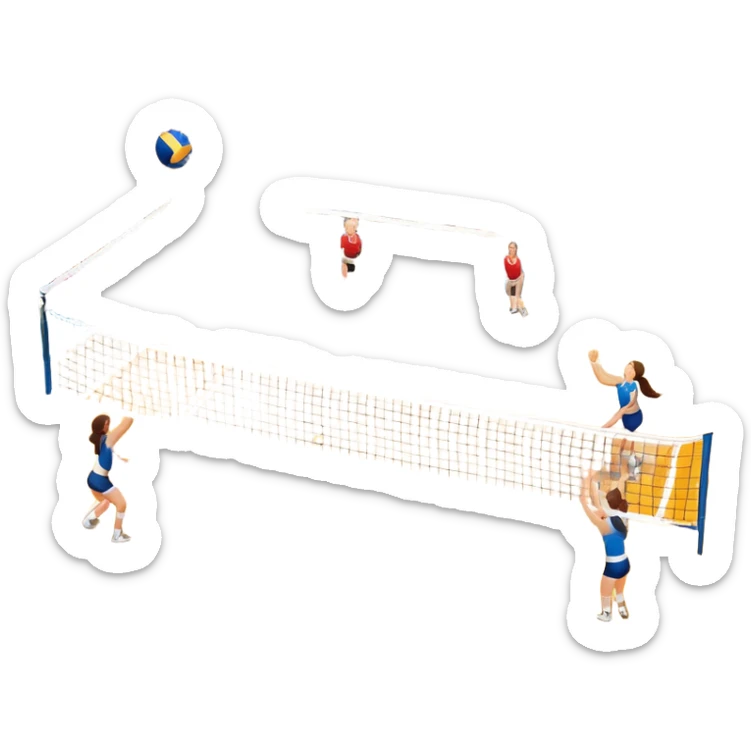 A close-up of a volleyball on the court, with the net in focus and the court markings visible. The background shows the stands filled with spectators, creating an energetic atmosphere of a volleyball match, with attention to detail on the equipment and the surrounding environment. sticker