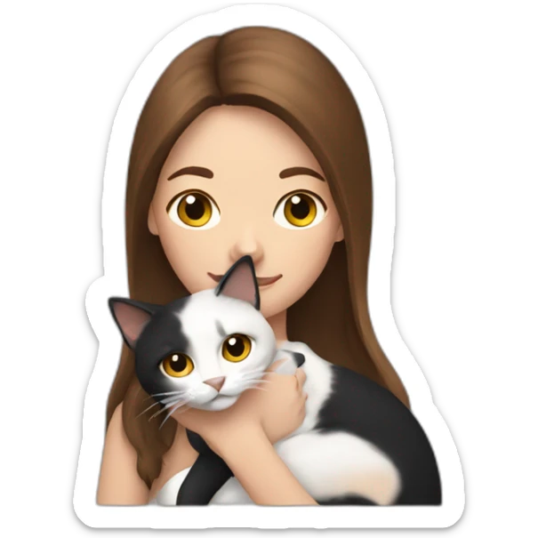 A white woman with long brown hair holding a black and white cat sticker