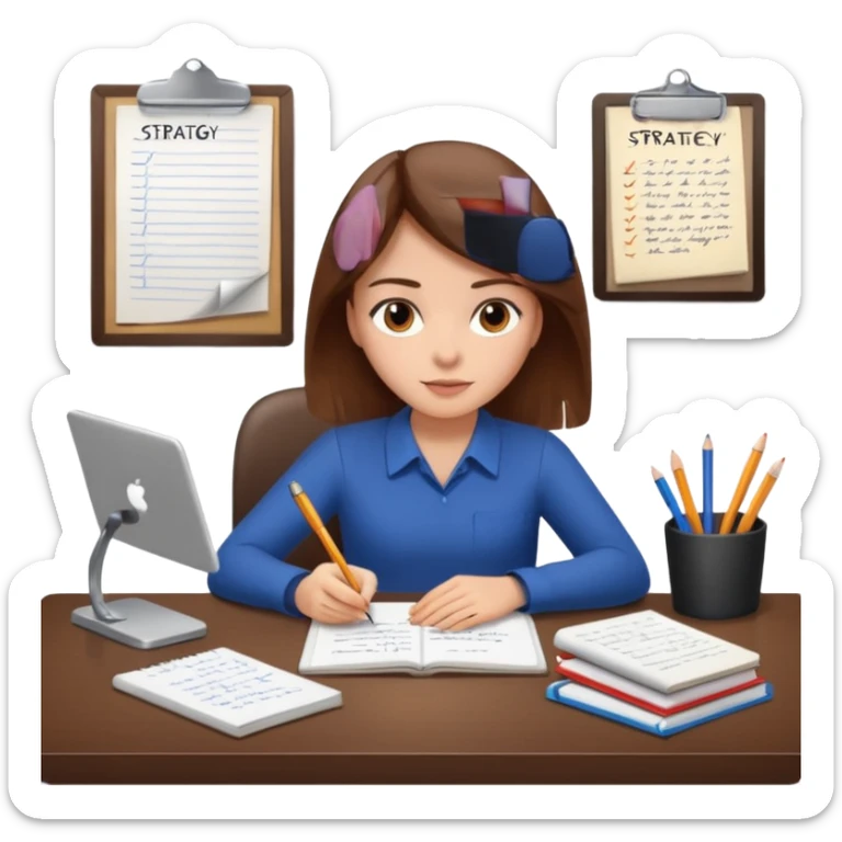 a girl with brown hair on a desk writing on a note book with a lot of papers around and on the papers is writing business strategy  sticker
