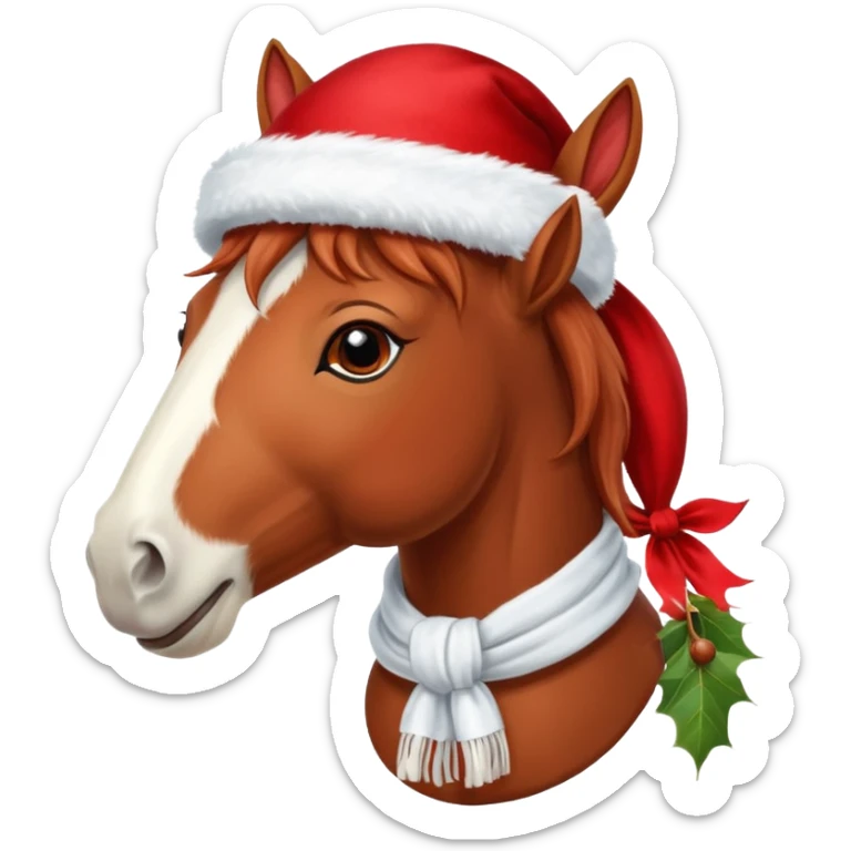 a fairy-tale funny winter horse in a red hat with a white scarf sticker