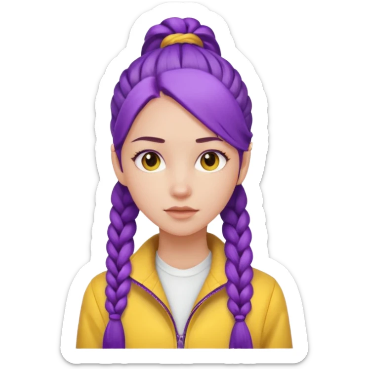 a beautiful girl face, long purple high pony braided hair from the forehead, wearing a white shirt and a yellow jacket sticker