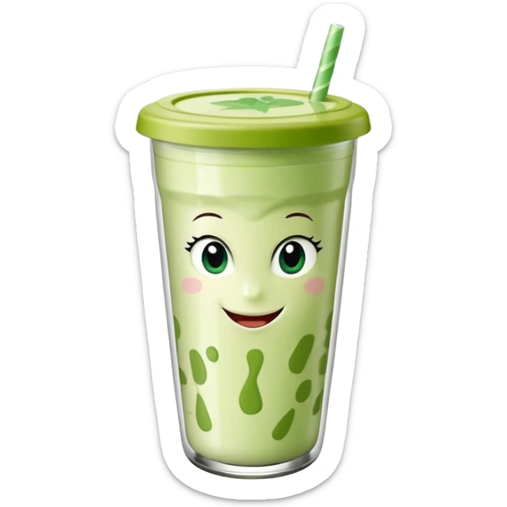 un vaso de batido animado, de caricatura, con tapa y pitillo, que tenga brazos y piernas, cara tierna y que inspire confianza y amabilidad sticker