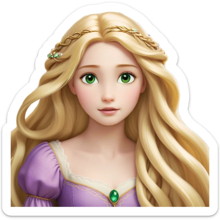 Cinematic Realistic Rapunzel Portrait, with porcelain-like skin featuring a subtle, natural glow, illuminated by soft lighting that brings out the gentle contours of her face. Her long, golden blonde hair cascades in detailed waves, each strand highlighted with a radiant shimmer as it catches the light. Her bright, expressive green eyes exude curiosity and warmth, framed by delicate lashes and soft, arched brows. Her expression is playful and vibrant, with a gentle smile. She is dressed in her classic lavender and pink gown, the fabric textured with delicate folds that flow naturally, catching the light with a soft, radiant glow. The portrait captures a luminous, enchanting aura, seamlessly blending realism with a whimsical, fairytale charm, evoking a timeless sense of beauty and magic. sticker