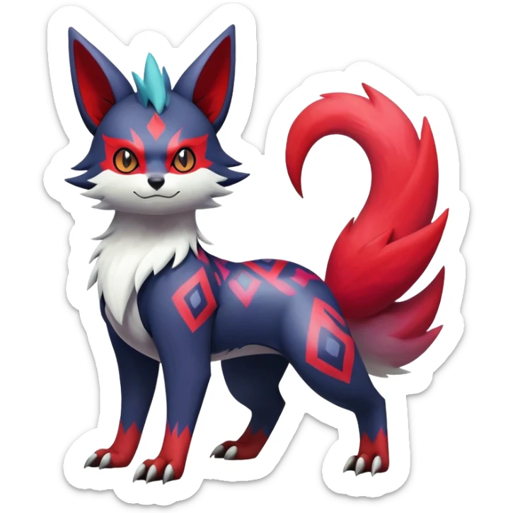 Shiny Exotic Badass Colorful Ethereal Royal Mysterious Gothic Zangoose-Zorua-Litten-Noibat-Pokémon-Fakémon-hybrid-creature (full body) with colorful pattern-markings sticker