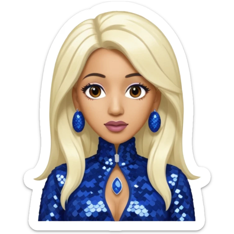 Cardi B with tan skin, long white blonde hair, indigo sequin outfit sticker