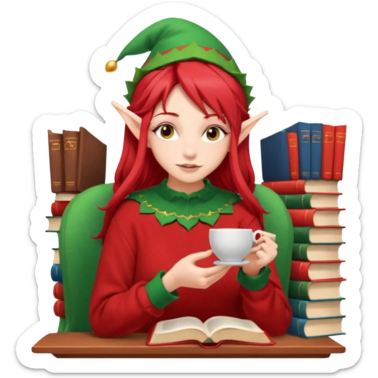 Red hair girl with elf ears sipping tea with a stack of books beside her . She’s wearing the red oversized sweater  sticker