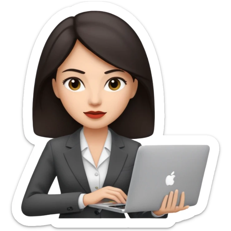 Sales women specialist in shipping with dark hair with suits and MacBook  sticker