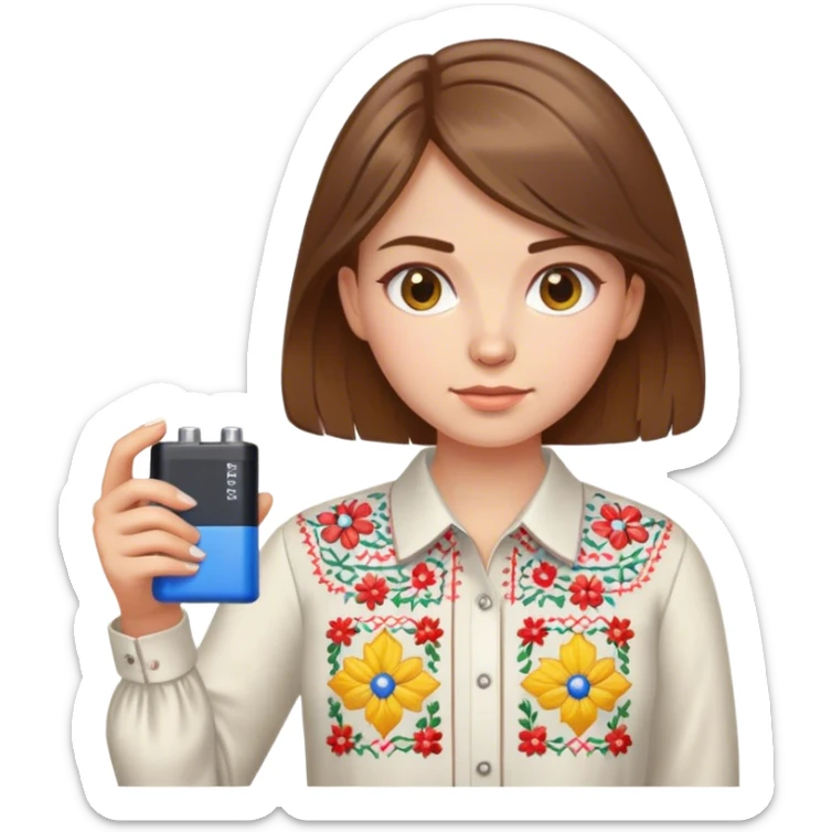 A Ukrainian girl with brown hair in an embroidered shirt holds a battery sticker