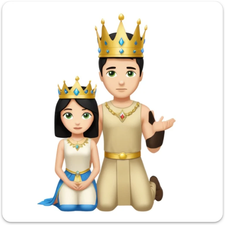 Man as king, standing, black Hair, blue eyes, simple woman, blonde, green eyes, shott white sleveless Dress, kneeling, background palace sticker