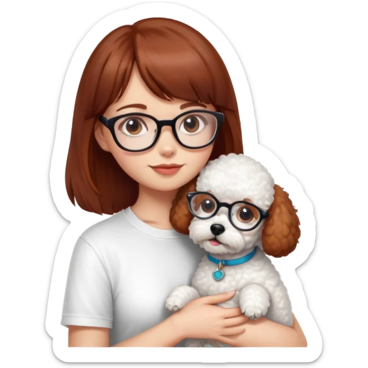 Mahogany haired girl with bangs, white glasses and a white t-shirt hugging a toy poodle dog sticker