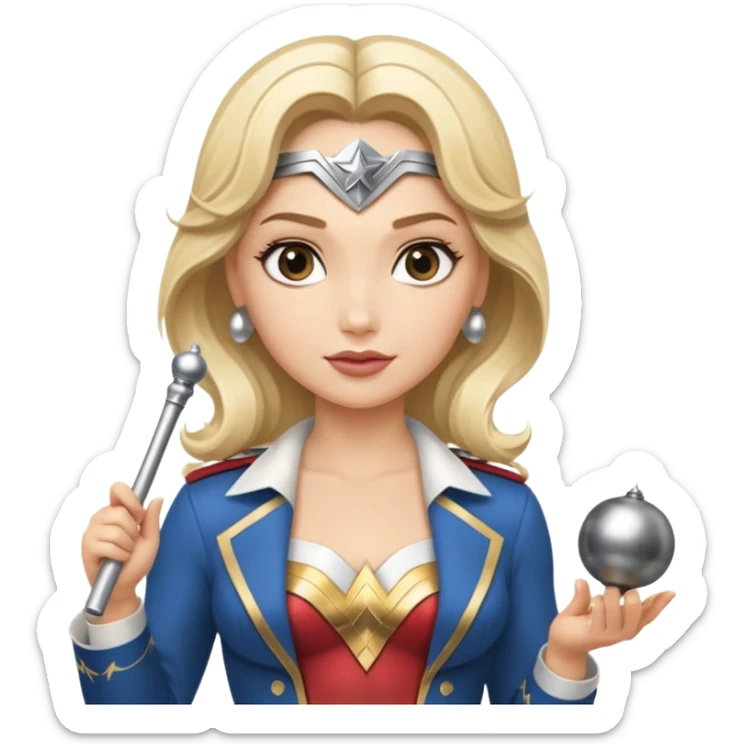 Blonde Wonder Woman holding bell and short white orchestra conductor’s baton  sticker