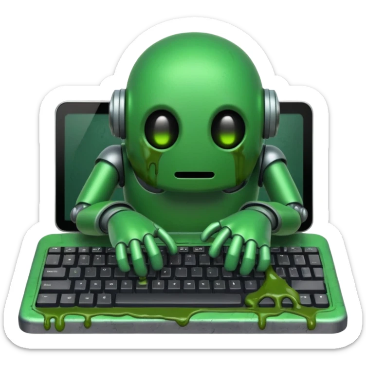 An emoji of a green robot melting away covered in thick green sludge sad and depressed, crawling out of a keyboard.  sticker
