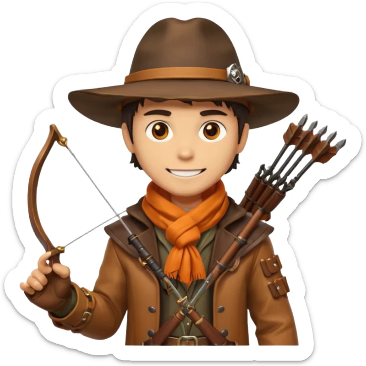 male human monster hunter emoji, wearing brown leather coat and wide hat, holding crossbow or rifle, with amulet shaped like skull, Halloween fantasy theme, confident smile, orange scarf, Apple emoji style, clean white background, square image sticker