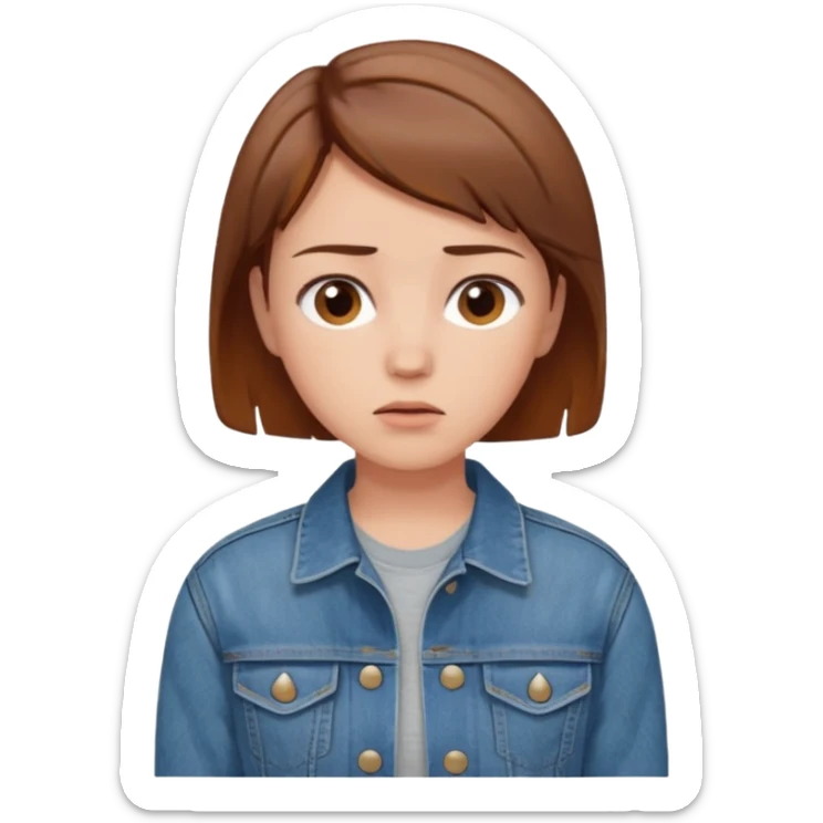 a woman with a brown short hair, looking at the left, worried, wearing a denim jacket, only upper body, high quality sticker