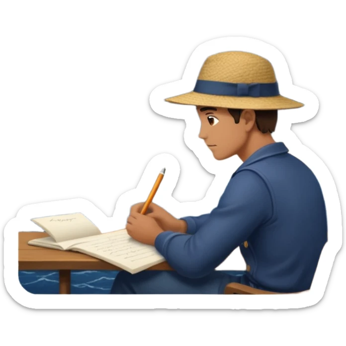 Mans op heuvel aan hetschrijven, terwijl overkant meer varen in midden van storm sticker