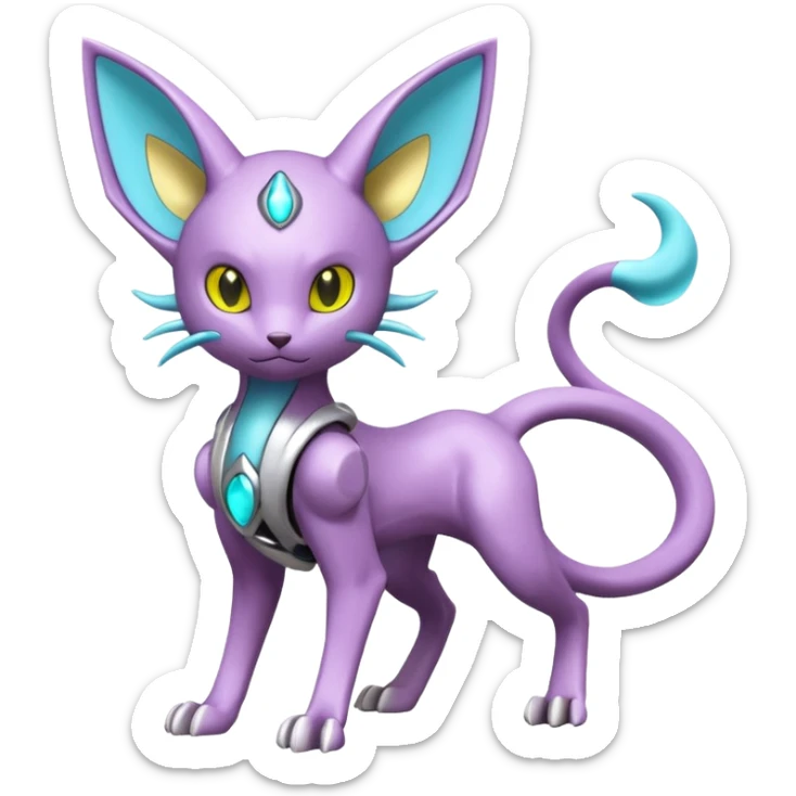Mechanical Miraidon-Espeon-Mewtwo-Fakémon-hybrid-creature (full body)  with yellow eyes and cyan markings sticker