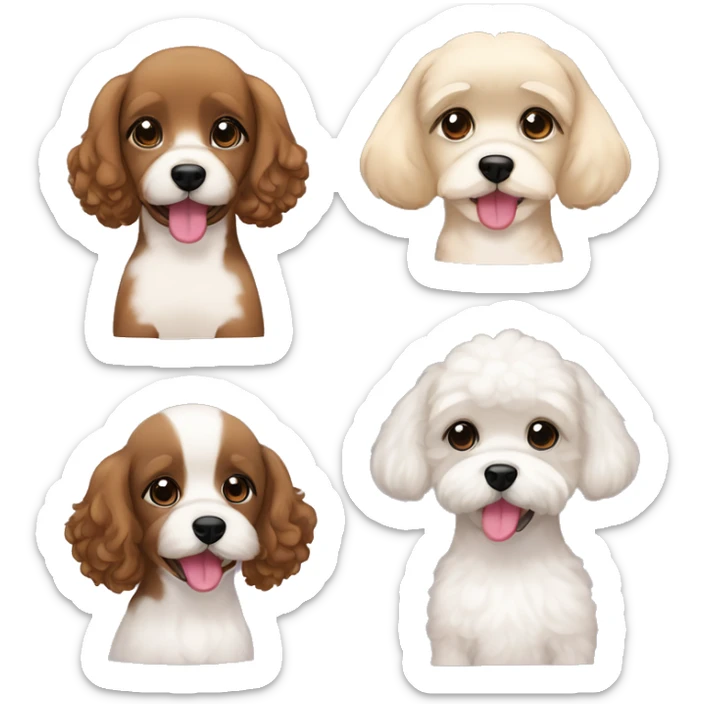 a young spanish woman with brown wavy hair bob cut and 1 little dog black with floppy ears, other black with ears up, bichon maltes and other color blonde floppy ears and showing tongue  sticker